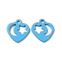 Deep Sky Blue Spray Painted 201 Stainless Steel Charms, Heart with Star & Moon Pattern, Deep Sky Blue, 12x11.5x1mm, Hole: 1.4mm