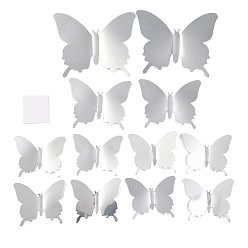 Plata 3 d pegatinas de pared de espejo de plástico, con cinta adhesiva, para la decoración de la pared del dormitorio de la sala de estar del hogar, mariposa, plata, 52~91x63~107x0.2 mm, 12 PC / sistema