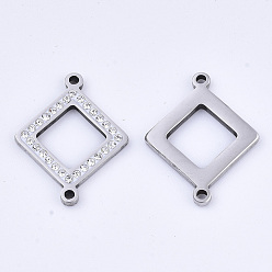 Cristal 304 conectores de eslabones de acero inoxidable, con diamante de imitación, rombo, color acero inoxidable, cristal, 24x19x2 mm, agujero: 1.5 mm