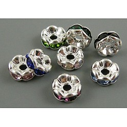 Mixed Color Brass Rhinestone Spacer Beads, Grade A, Wavy Edge, Silver Metal Color, Rondelle, Mixed Color, 10x4mm, Hole: 2mm