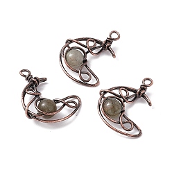 Labradorite Natural Labradorite Pendants, Moon Charms, with Rack Plating Red Copper Tone Brass Findings, Cadmium Free & Lead Free, 31.5~33x22x8.5mm, Hole: 2.5~3mm