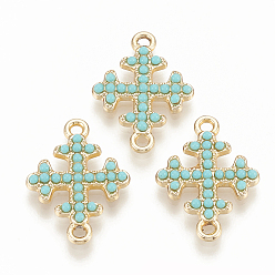 Light Gold Alloy Links connectors, with Resin, Cross, Turquoise, Light Gold, 22x16x2.5mm, Hole: 1.6mm
