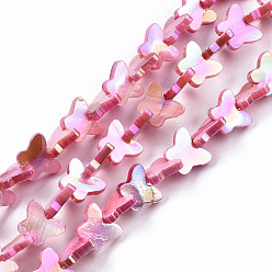 Hot Pink Natural Freshwater Shell Beads Strands, AB Color Plated, Dyed, Butterfly, Hot Pink, 10~11x12.5~13.5x3mm, Hole: 0.7mm, about 38~39pcs/strand, 12.80 inch~12.99 inch(32.5~33cm)