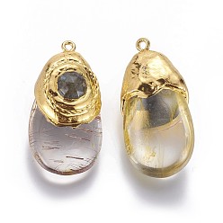 Rutilated Quartz Natural Gold Rutilated Quartz Pendants, with Labradorite Beads and Brass Findings, teardrop, 37~41x20~25x14~20mm, Hole: 1.8mm