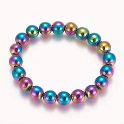 Plaqué Multicolore Bracelet extensible perlé en hématite synthétique non magnétique électroplaqué, ronde, multi-couleur plaquée, 2-1/8 pouce (5.3 cm), perle: 10 mm