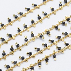 Natural Agate Natural Black Agate Handmade Beaded Chains, Soldered, Lead Free & Cadmium Free, with Brass Findings, Real 18K Gold Plated, Long-Lasting Plated, Faceted Round, 6~7x2~3mm