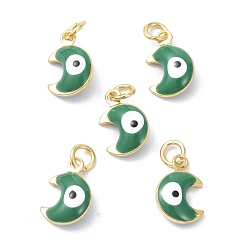 Green Brass Enamel Charms, Real 18K Gold Plated, with Jump Rings, Moon with Evil Eye, Cadmium Free & Lead Free, Green, 11x7x3.5mm, Hole: 2.6mm