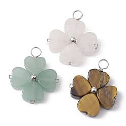 Platinum Natural & Synthetic Mixed Gemstone Pendants, Eco-Friendly Copper Wire Wrapped Clover Charms, Mixed Dyed and Undyed, Platinum, 27~28x23~24x6mm, Hole: 4mm
