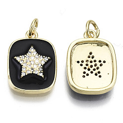Black Brass Micro Pave Clear Cubic Zirconia Pendants, with Enamel and Jump Ring, Rectangle with Star, Real 16K Gold Plated, Nickel Free, Black, 17.5x13x3mm, Jump Ring: 5x1mm, 3mm inner diameter