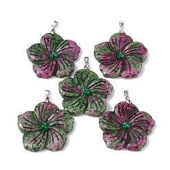 Ruby in Zoisite Natural Ruby in Zoisite Big Pendants, Peach Blossom Charms, with Platinum Plated Alloy Snap on Bails, 57x48x9mm, Hole: 6x4mm