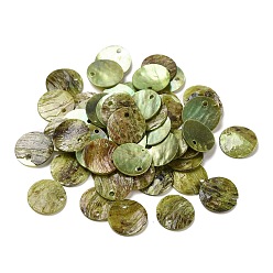 Olive Spray Painted Natural Akoya Shell Charms, Mother of Shell, Flat Round Charms, Olive, 13x1.5mm, Hole: 1mm