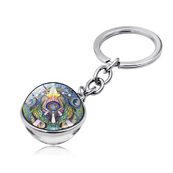 Lime Green Yoga Mandala Pattern Double-Sided Glass Half Round/Dome Pendant Keychain, with Alloy Findings, for Car Bag Pendant Accessories, Lime Green, 7.9cm