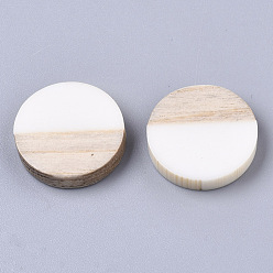 White Resin & Wood Cabochons, Flat Round, Two Tone, White, 15x3.5mm
