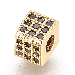 Real 18K Gold Plated Brass Micro Pave Cubic Zirconia Beads, Cube, Black, Real 18K Gold Plated, 5x5.5x5.5mm, Hole: 2.5mm