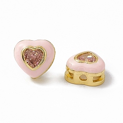 Pink Rack Plating Brass Cubic Zirconia Beads, with Enamel, Real 18K Gold Plated, Long-Lasting Plated, Cadmium Free & Nickel Free & Lead Free, Heart, Pink, 8x8.5x4.5mm, Hole: 1.4mm & 5x1.2mm