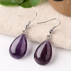 Amethyst Natural Amethyst Teardrop Dangle Earrings, with Platinum Plated Brass Findings, 41mm, Pin: 0.7mm