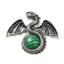 Malachite Synthetic Malachite Big Pendants, Dragon Charms, with Rack Plating Antique Silver Tone Alloy Findings, Cadmium Free & Lead Free, 49x56x12mm, Hole: 6~6.5mm