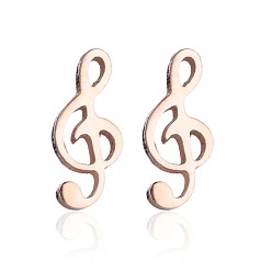 Rose Gold 304 Stainless Steel Music Note Studs Earrings with 316 Stainless Steel Pins for Women, Rose Gold, 9x4mm