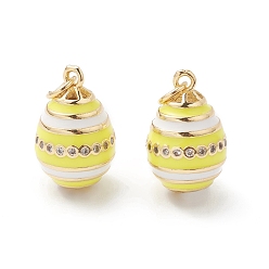 Yellow Rack Plating Brass Enamel Pendants, with Cubic Zirconia, Oval Charm, with Jump Ring, Long-Lasting Plated, Real 18K Gold Plated, Yellow, 21x13mm, Jump Ring: 6x1mm, inner diameter: 4mm.