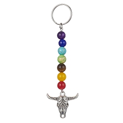 Mixed Stone Tibetan Style Alloy Bull Head Kcychain, with Chakra Gemstone Bead and Stainless Steel Findings, 10.7cm