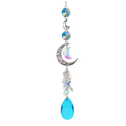 Dark Turquoise Glass Moon Hanging Suncatcher Pendant Decoration, Teardrop Crystal Ceiling Chandelier Ball Prism Pendants, with Alloy & Iron Findings, Dark Turquoise, 420~430mm