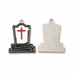 White Halloween Theme Rack Plating Spray Painted Alloy Enamel Pendants, Tomb with Cross Charms, Cadmium Free & Nickel Free & Lead Free, Platinum, White, 25x19x3mm, Hole: 1.6mm