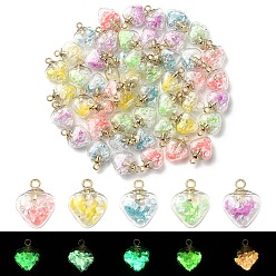Mixed Color 50Pcs 5 Colors Glow in the Dark Luminous Glass Pendants, with Golden Plastic Pendant Bails and Resin Rhinestone Inside, Heart Charms, Mixed Color, 20x15x9mm, Hole: 2mm, 10Pcs/color