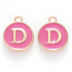 Letter D Golden Plated Alloy Enamel Charms, Cadmium Free & Lead Free, Enamelled Sequins, Flat Round with Letter, Camellia, Letter.D, 14x12x2mm, Hole: 1.5mm