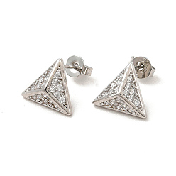 Platinum Rack Plating Brass Micro Pave Clear Cubic Zirconia Triangle Stud Earrings, Long-Lasting Plated, Lead Free & Cadmium Free, Platinum, 10x11mm, Pin: 0.7mm
