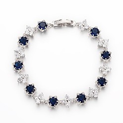 Bleu Marine Idées cadeaux nobles pour dame laiton ton platine micro pavé zircone cubique cz fleur lien chaîne bracelets, avec des agrafes de bande de montre, bleu marine, 220x8x4mm