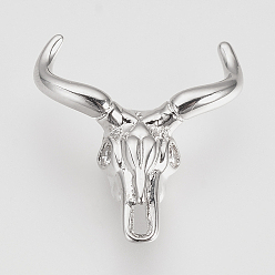 Platinum Brass Cubic Zirconia Beads, Cattle Skull, Platinum, 20x18x7mm, Hole: 2mm