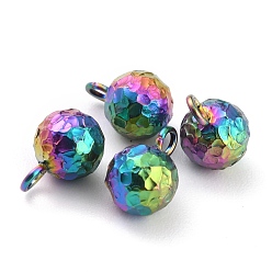 Rainbow Color Ion Plating(IP) 304 Stainless Steel Charms, Round, Textured, Rainbow Color, 9x6mm, Hole: 1.8mm