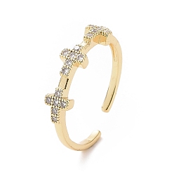 Golden Clear Cubic Zirconia Cross Open Cuff Ring, Brass Jewelry for Women, Golden, Inner Diameter: 17.6mm