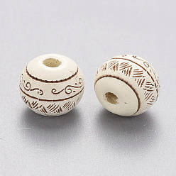 Creamy White Painted Natural Wood Beads, Laser Engraved Pattern, Round with Leave Pattern, Creamy White, 10x9mm, Hole: 2.5mm
