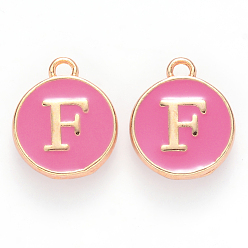 Letter F Golden Plated Alloy Enamel Charms, Cadmium Free & Lead Free, Enamelled Sequins, Flat Round with Letter, Camellia, Letter.F, 14x12x2mm, Hole: 1.5mm