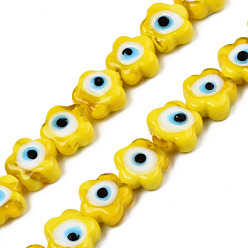 Yellow Handmade Evil Eye Lampwork Beads Strands, Flower, Yellow, 11x12x6mm, Hole: 1.6mm, about 33pcs/strand, 14.57 inch(37cm)