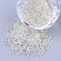 Creamy White Glass Cylinder Beads, Seed Beads, Silver Lined, Round Hole, Creamy White, 1.5~2x1~2mm, Hole: 0.8mm, about 8000pcs/bag, about 85~95g/bag