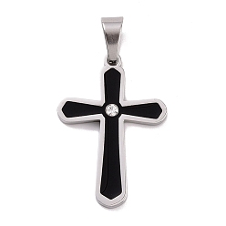 Stainless Steel Color 304 Stainless Steel Pendants, with Rhinestone and Enamel, Cross, Stainless Steel Color, 34x24x2.5mm, Hole: 9x5mm