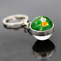 Platinum Saint Patrick's Day Glass Double-sided Ball Keychains, with Alloy Finding, for Backpack, Keychain Decor, Clover Pattern, Platinum, 8cm