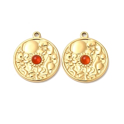 Red Agate Ion Plating(IP) 316 Stainless Steel Flat Round Pendants, Natural Red Agate Flower Charms, Real 24K Gold Plated, 23x20x4mm, Hole: 1.8mm