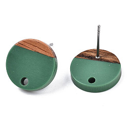 Sea Green Opaque Resin & Walnut Wood Stud Earring Findings, with 304 Stainless Steel Pin, Flat Round, Sea Green, 14mm, Hole: 1.8mm, Pin: 0.7mm