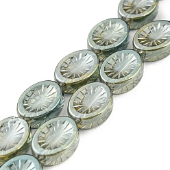 Dark Sea Green Electroplate Glass Beads Strands, Full Plated, Oval with Flower, Dark Sea Green, 14x10.4x4.8mm, Hole: 1.2mm, about 45pcs/strand, 25.04 inch(63.6cm)