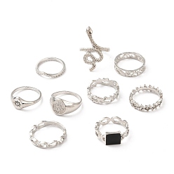 Antique Silver & Platinum Zinc Alloy Finger Rings Sets, Hollow, Flat Round & Rectangle & Snake & Star, Antique Silver & Platinum, 1.5~29mm, Inner Diameter: 16~18mm, 9pcs/set