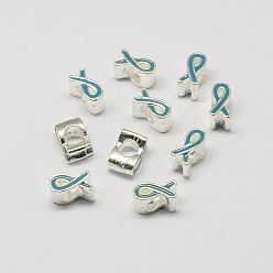 Sky Blue Alloy Enamel Awareness Ribbon Large Hole European Beads, Silver Color Plated, Sky Blue, 11x6x8mm, Hole: 5mm