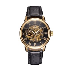 Golden Alloy Watch Head Mechanical Watches, with PU Learther Cord Watch Band, Gunmetal & Golden, 254x20mm, Watch Head: 48x45x13mm, Watch Face: 35mm