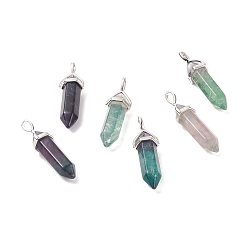 Fluorite Natural Fluorite Double Terminated Pointed Pendants, with Platinum Tone Brass Findings, Bullet, 37~41x12~13x10~11mm, Hole: 2.5~4x4.5~5.5mm