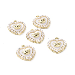 White Alloy Enamel Pendants, with ABS Plastic Imitation Pearl, Cadmium Free & Lead Free, Light Gold, Heart with Bear, White, 17x16x4mm, Hole: 1.6mm