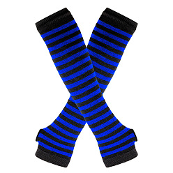 Dark Blue Acrylic Fiber Yarn Knitting Fingerless Gloves, Stripe Pattern Winter Warm Gloves with Thumb Hole, Dark Blue, 310x80mm