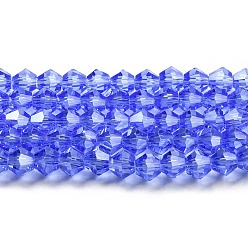 Azul Claro Transparentes cuentas de vidrio electroplate hebras, lustre de la perla chapado, facetados, bicono, azul claro, 4x4 mm, agujero: 0.8 mm, sobre 87~98 unidades / cadena, 12.76~14.61 pulgada (32.4~37.1 cm)