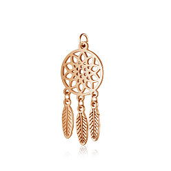 Rose Gold 304 Stainless Steel Pendants, with Jump Rings, Polished, Woven Net/Web with Feather, Rose Gold, 32x14x1mm, Hole: 3mm